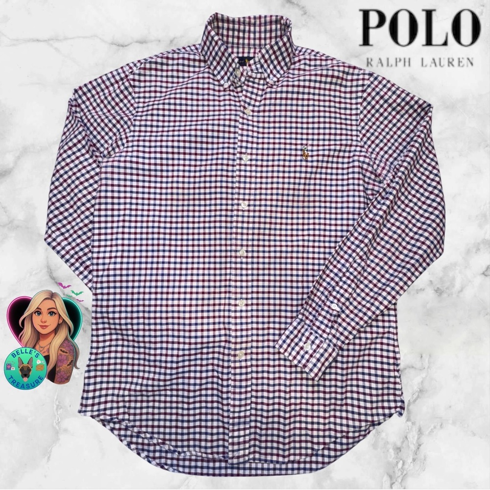 Polo Ralph Lauren Mens‎ Medium Gingham Plaid Button Down LS Shirt Red White Blue